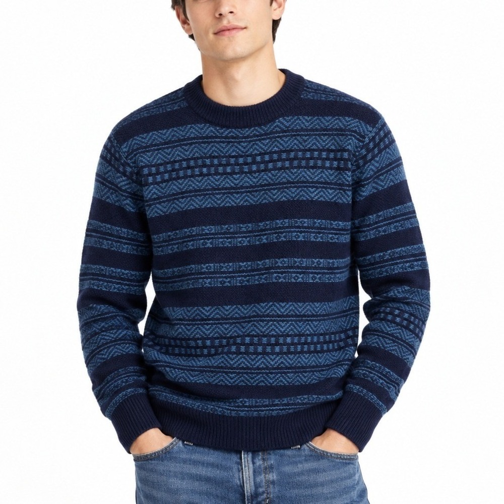 J.CREW Fair Isle 100% Lambswool Sweater Crewneck Pullover in Navy Blue. Size M
